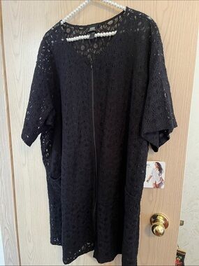 Donna Black Crochet Zip-Front Swim Coverup